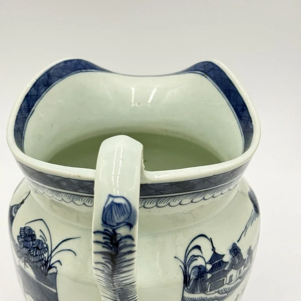 Antique Chinese Blue & White Canton Export Porcelain Large Pitcher 9”H x12” L